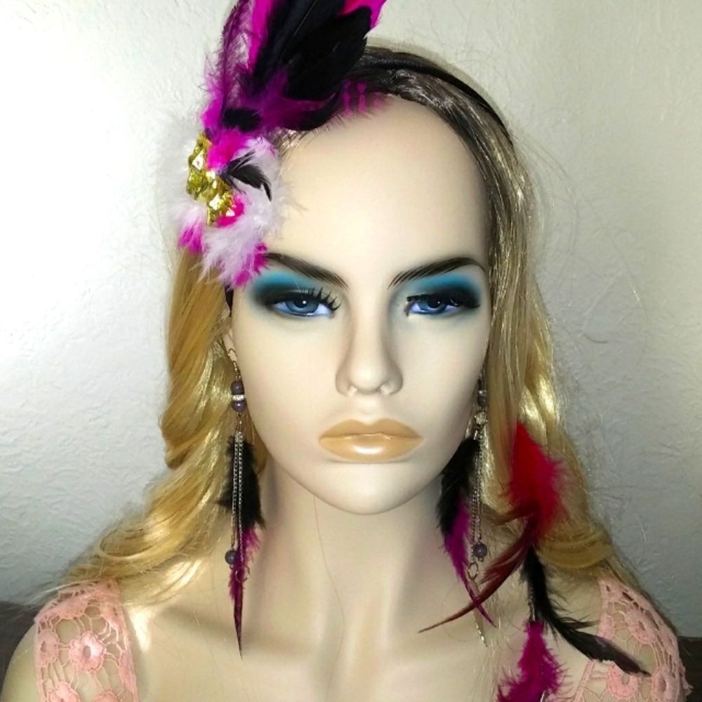 Mardi Gras Hair Accessories Feathered Mask Headband and Feather Pierced Earrings